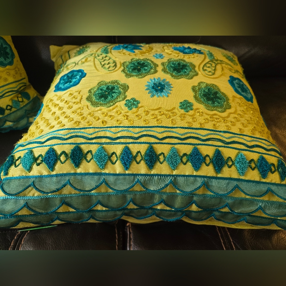Lime Green & Teal Embroidered Decorative 2 Toss Pillow Covers - Picture 4 of 7